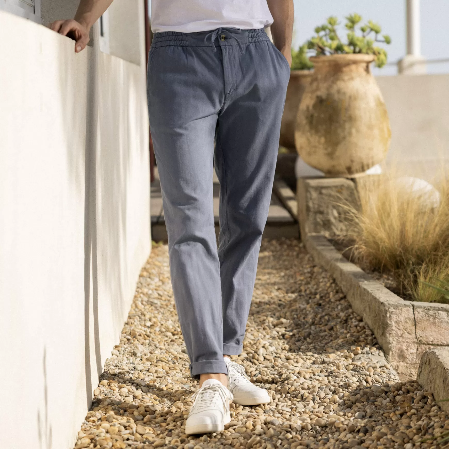 Chino'S En Broeken^FAGUO Gewassen Marineblauwe Elastische Broek Met Taps Toelopende Snit